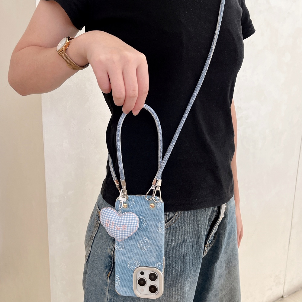 牛仔纹KT爱心手绳适用iPhone16promax手机壳苹果14网红15斜挎1312