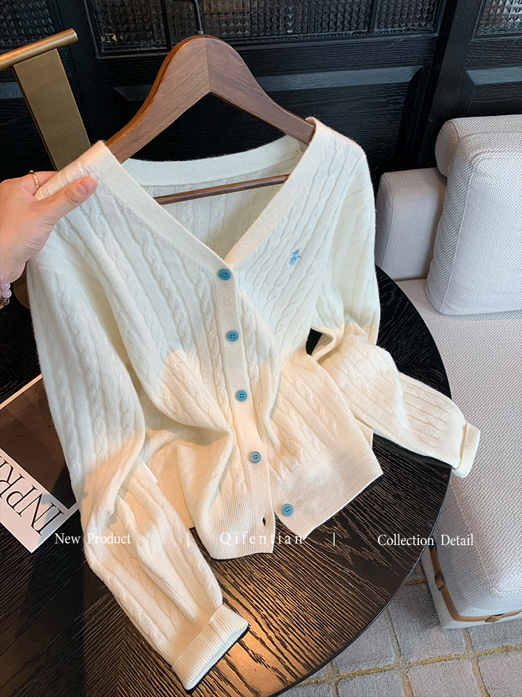 白色刺绣麻花v领针织开衫女秋季新款慵懒风软糯休闲百搭毛衣外套