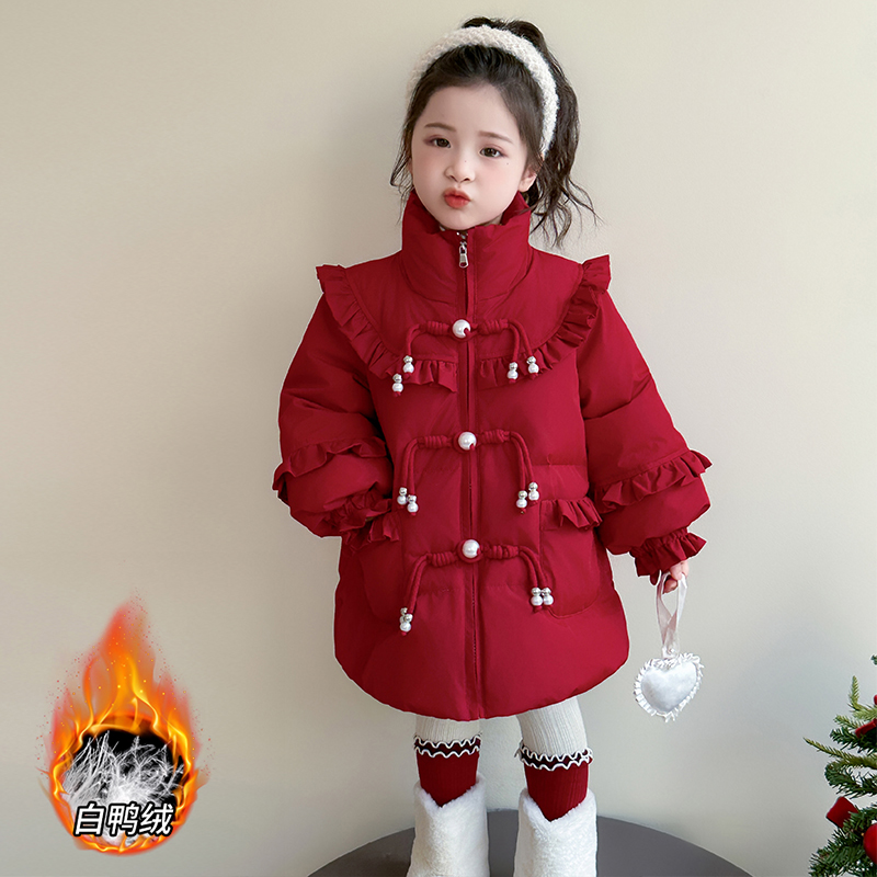 羽绒服女童洋气冬季加厚女宝红色国风外套韩版中长款儿童新年衣服