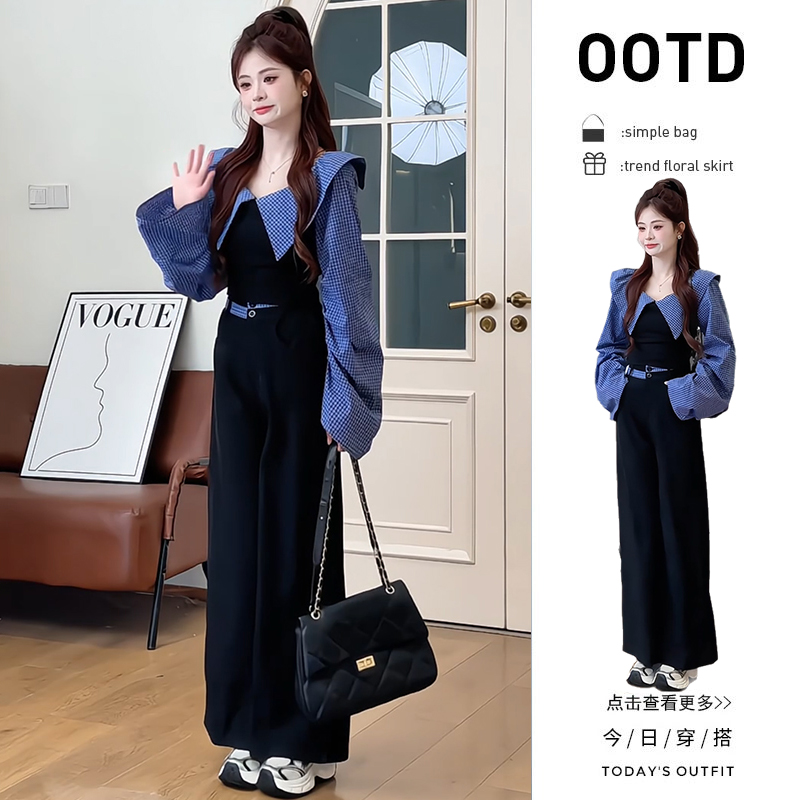 【现货】秋季一整套2025新款拼接假两件上衣百搭高腰阔腿裤两件套女
