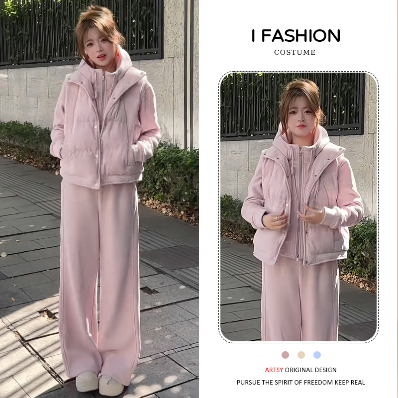 加厚保暖韩系时尚气质套装女2025冬季新款百搭卫衣卫裤马甲三件套