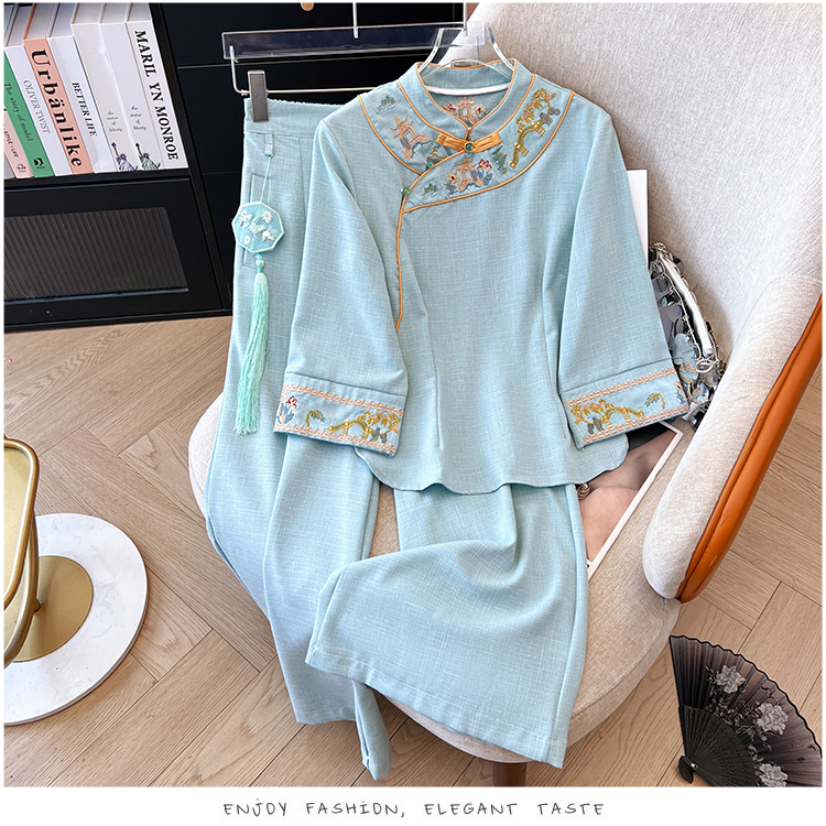 春夏款复古新中式气质修身兰亭七分袖唐装日常汉元素民族风两件套