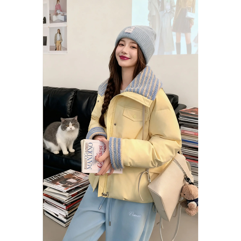 短款撞色翻领减龄日常通勤保暖2025冬季新款棉服女抽绳收腰韩系