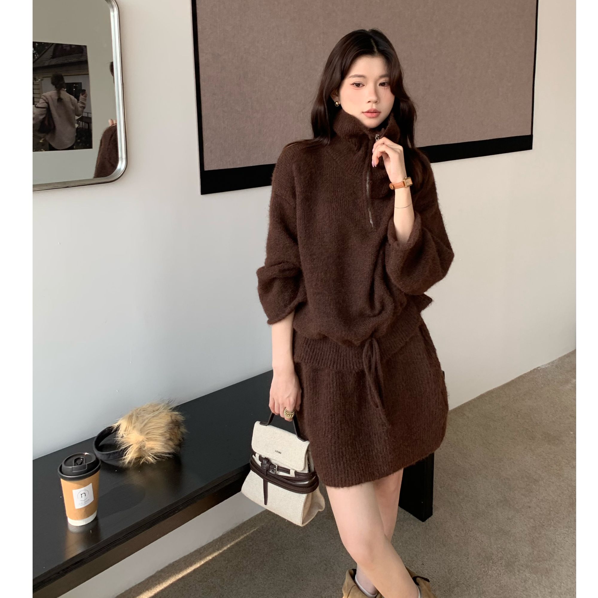 慵懒风休闲风时尚套装显瘦网红针织抽绳拉链毛衣短裙时尚套装潮