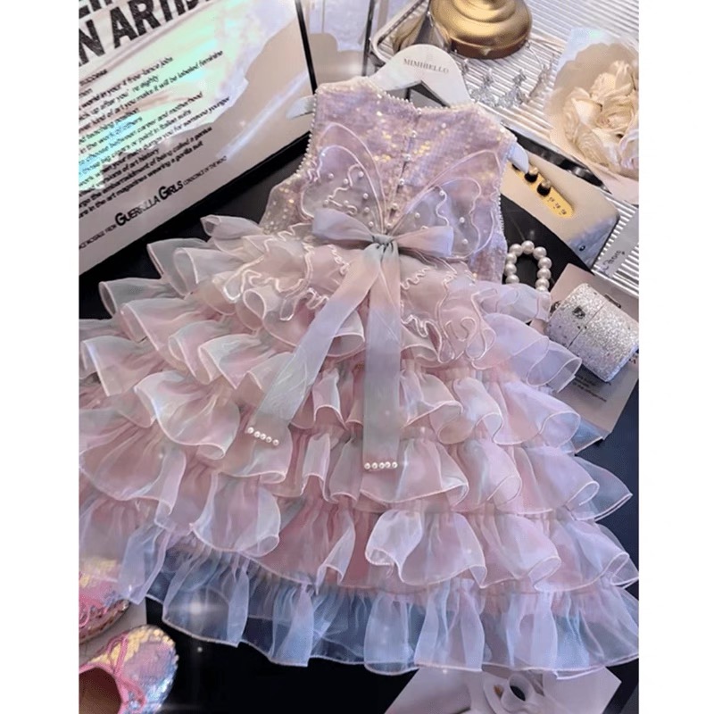 女童夏天裙子新款儿童亮片背心裙宝宝夏季洋气蓬蓬网纱裙小女孩款