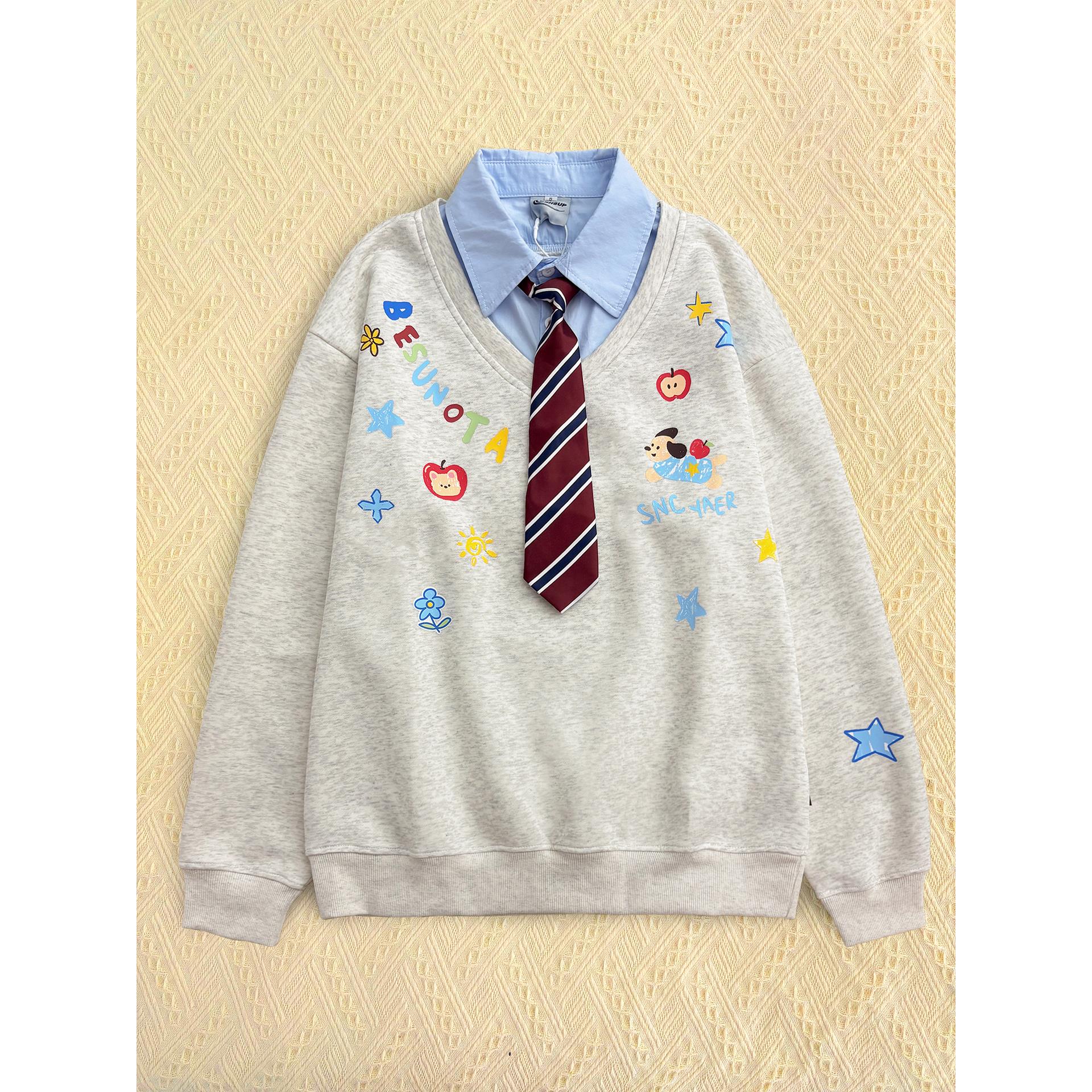 可爱涂鸦小狗假两件polo衫卫衣女秋季韩系新款时尚洋气百搭女装