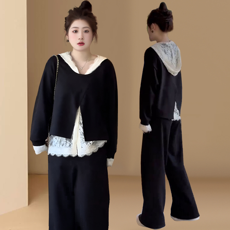 黑色开叉套头卫衣女春秋穿搭套装连帽蕾丝马甲休闲阔腿长裤三件套