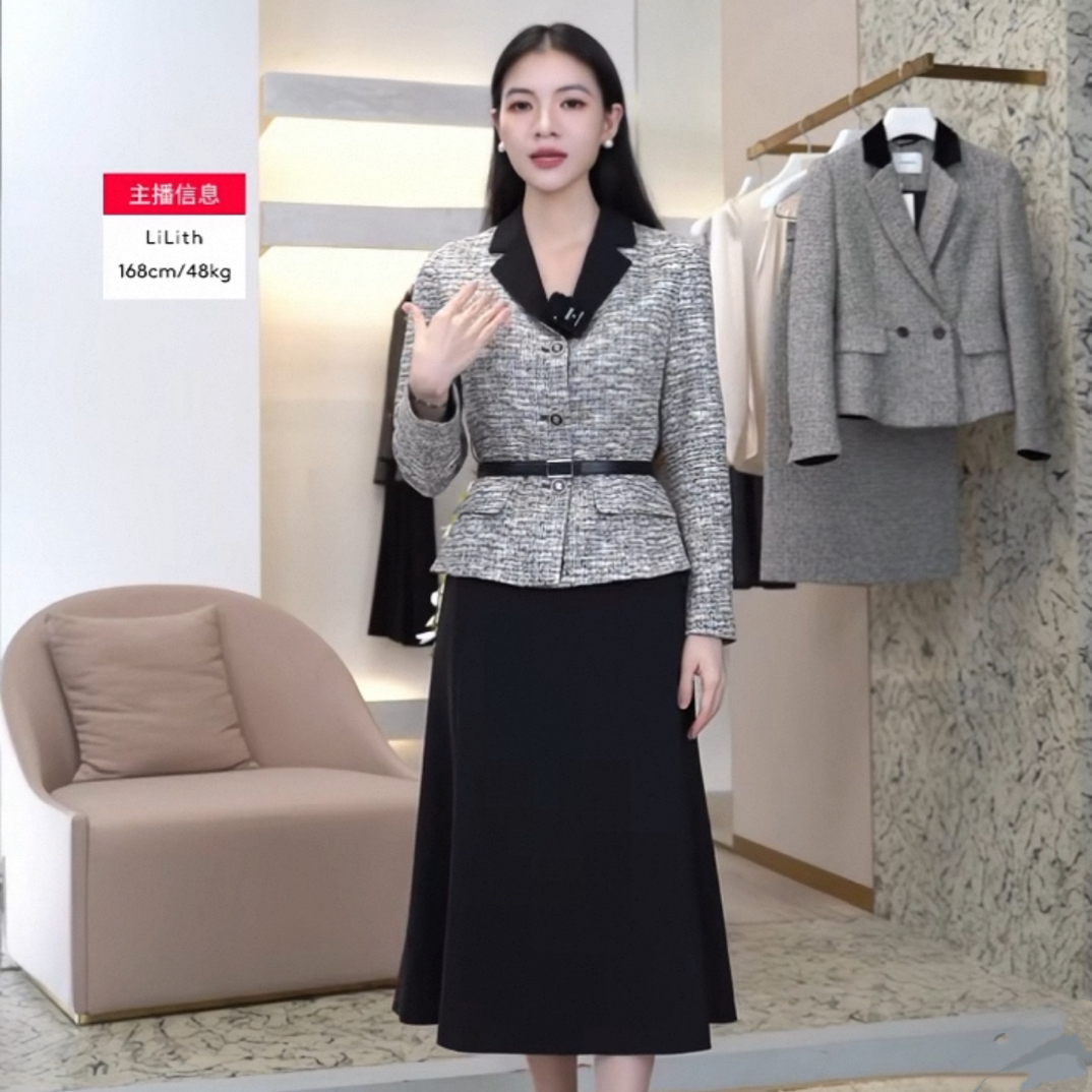 宝家女装2025秋季新款复古格纹撞色束腰二合一长袖连衣裙裙子