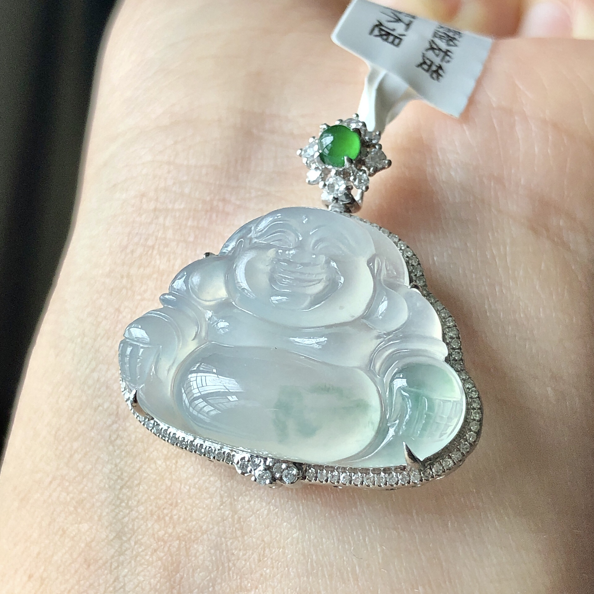 缅甸天然A货翡翠18k金镶嵌老坑冰种飘花佛公吊坠尺寸28.4/27/8.6