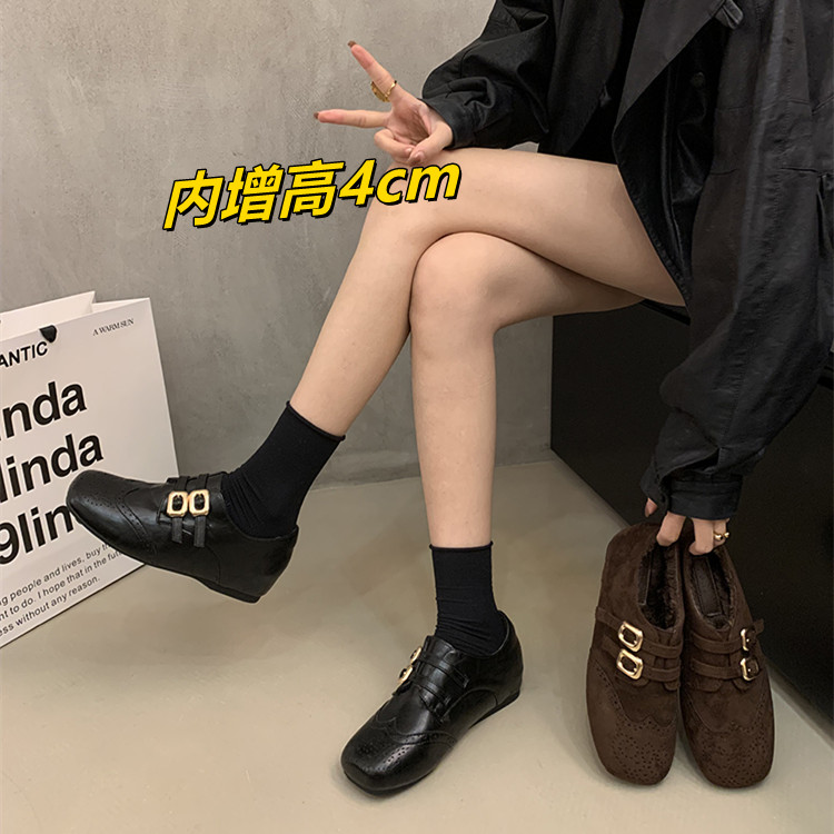 4cm内增高复古方头加绒玛丽珍乐福单鞋秋冬布洛克风英伦小皮鞋女