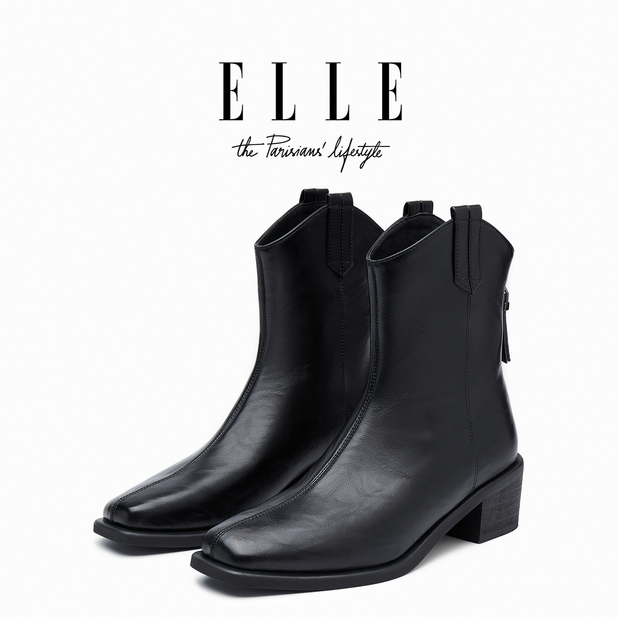 ELLE流光风时尚复古骑士靴女2025冬季新款时装靴潮流粗跟5CM短靴