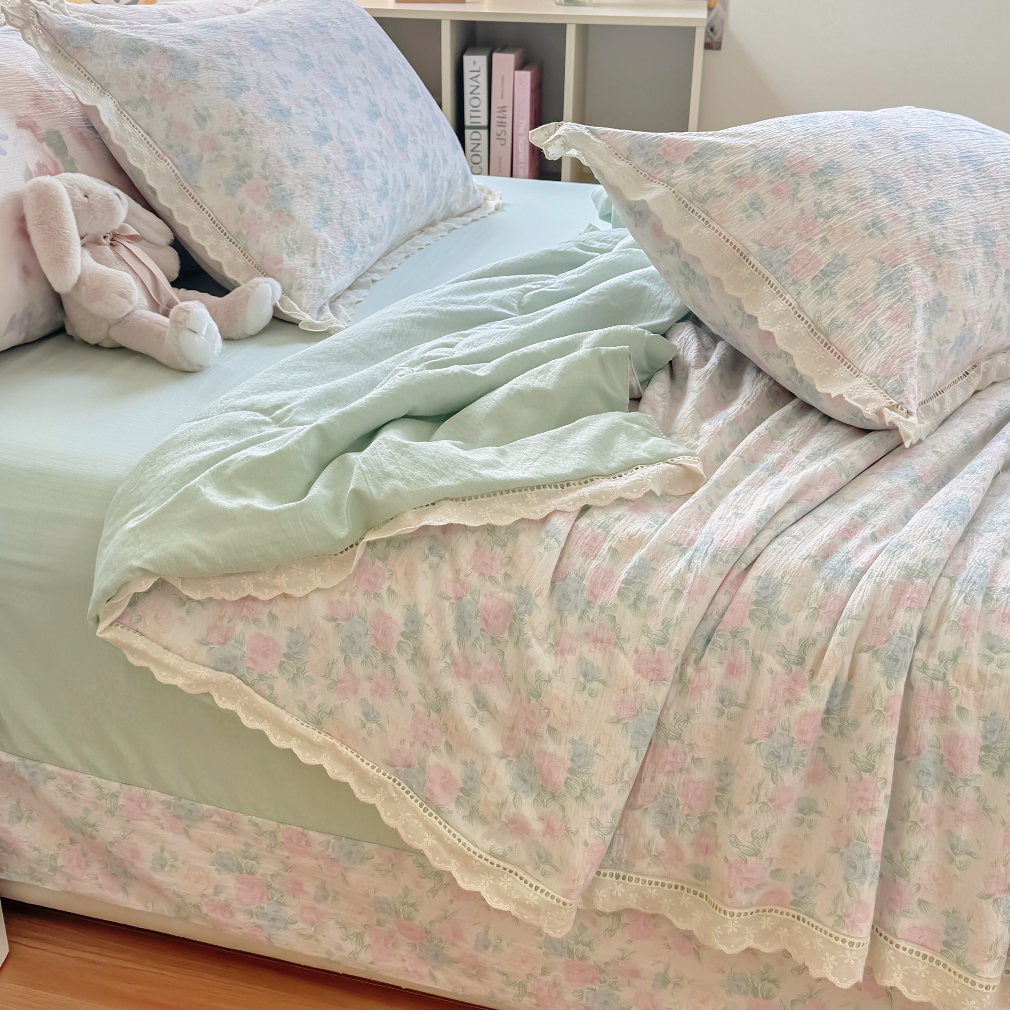 【讲诺家纺】新款花边小竹棉皱皱纱印花四件套碎花床单小清新