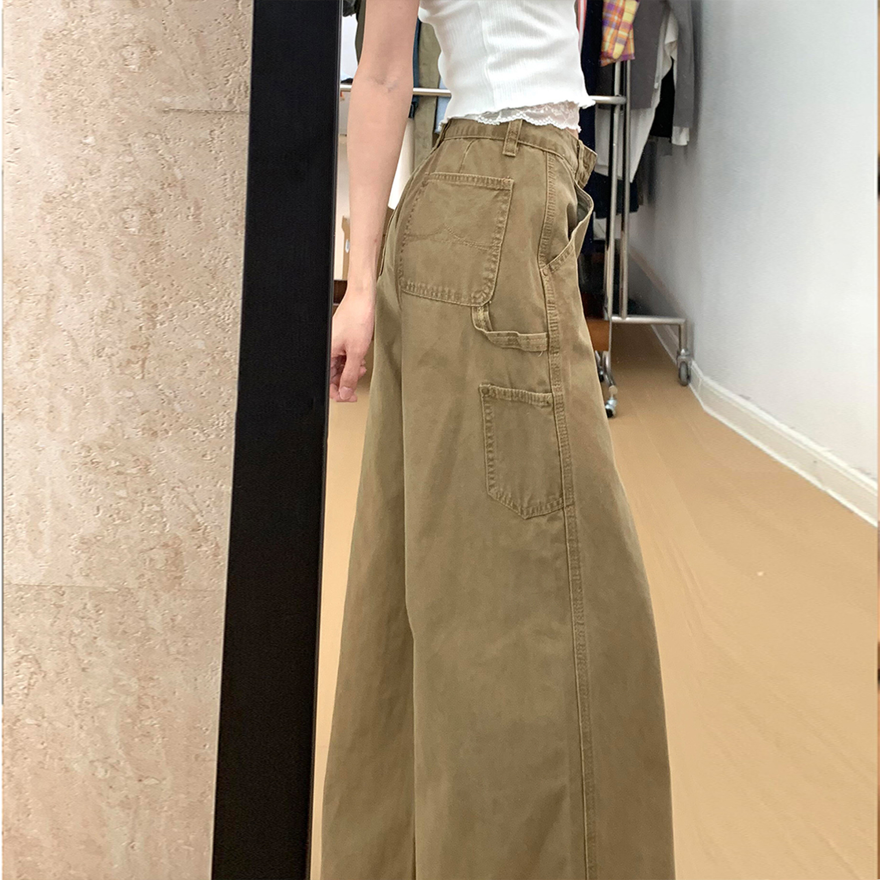 卡其色高腰阔腿牛仔裤女秋冬2025新款宽松显瘦美式街头直筒工装裤