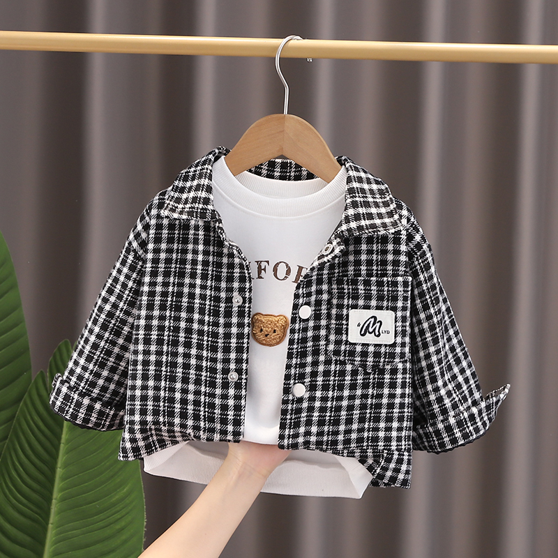 男童格子外套小香风洋气儿童双层夹克韩版童装潮酷帅气小男孩上衣