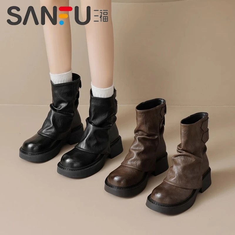 三福真皮美拉德复古堆堆短靴女2025秋冬季新款靴子裤管骑士马丁靴