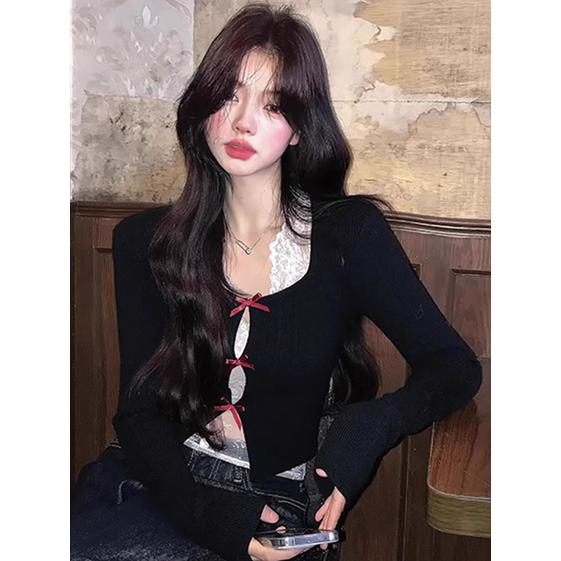 韩系甜辣纯欲针织开衫女早秋季蕾丝内设计感小众独特别致长袖上衣