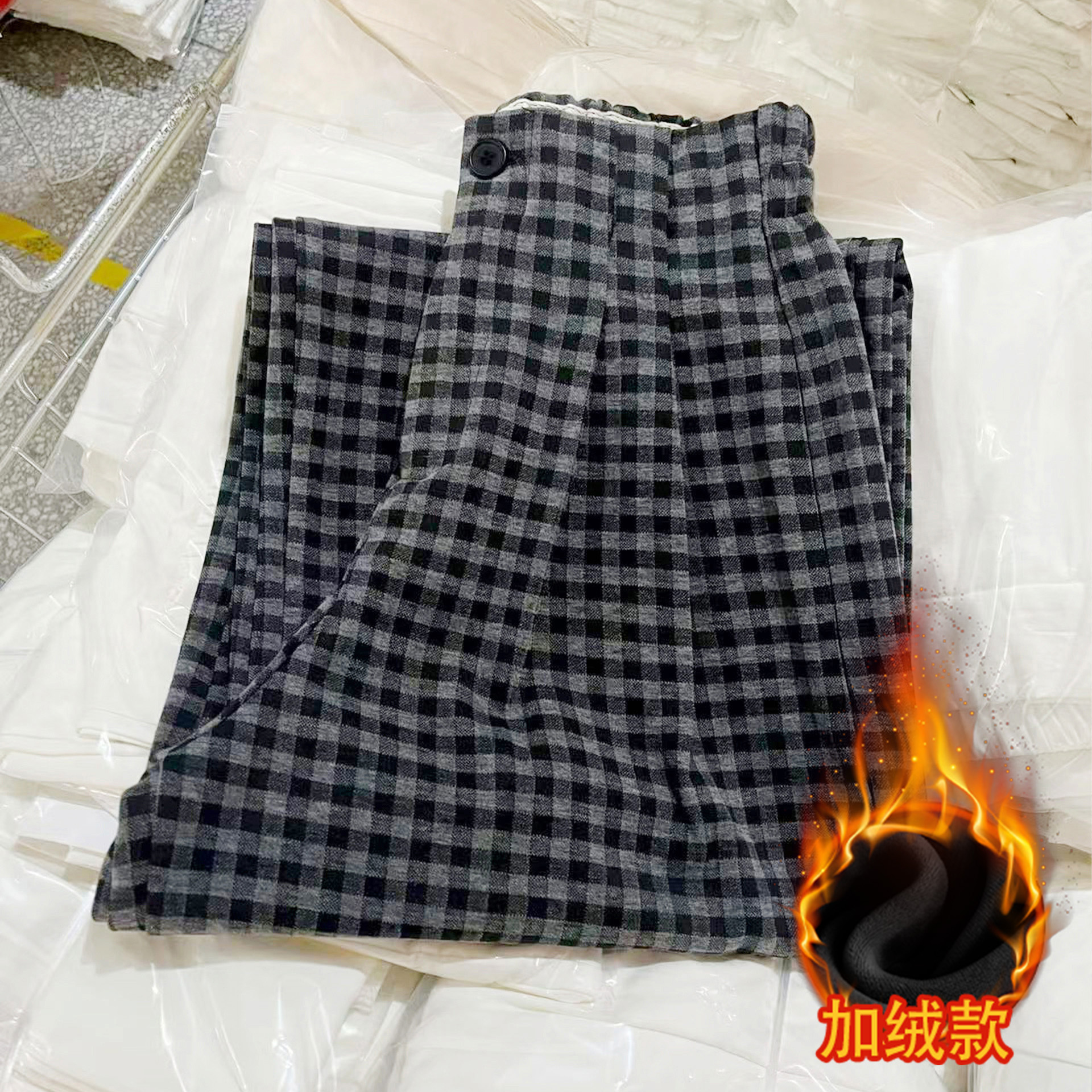 冬季加绒加厚格子西装阔腿裤女小个子大码显瘦高腰宽松直筒休闲裤