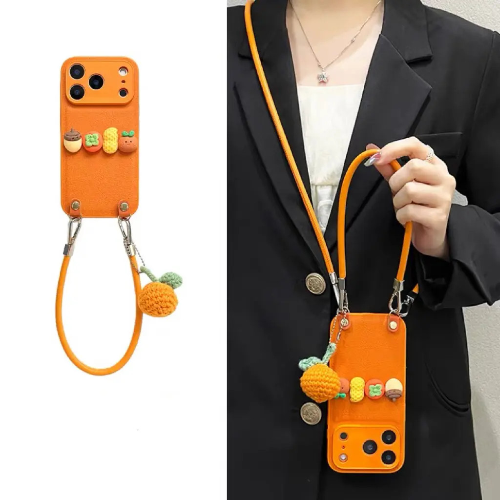 创意橙底好柿发生适用苹果17promax手机壳IPhone16斜挎挂绳15软壳