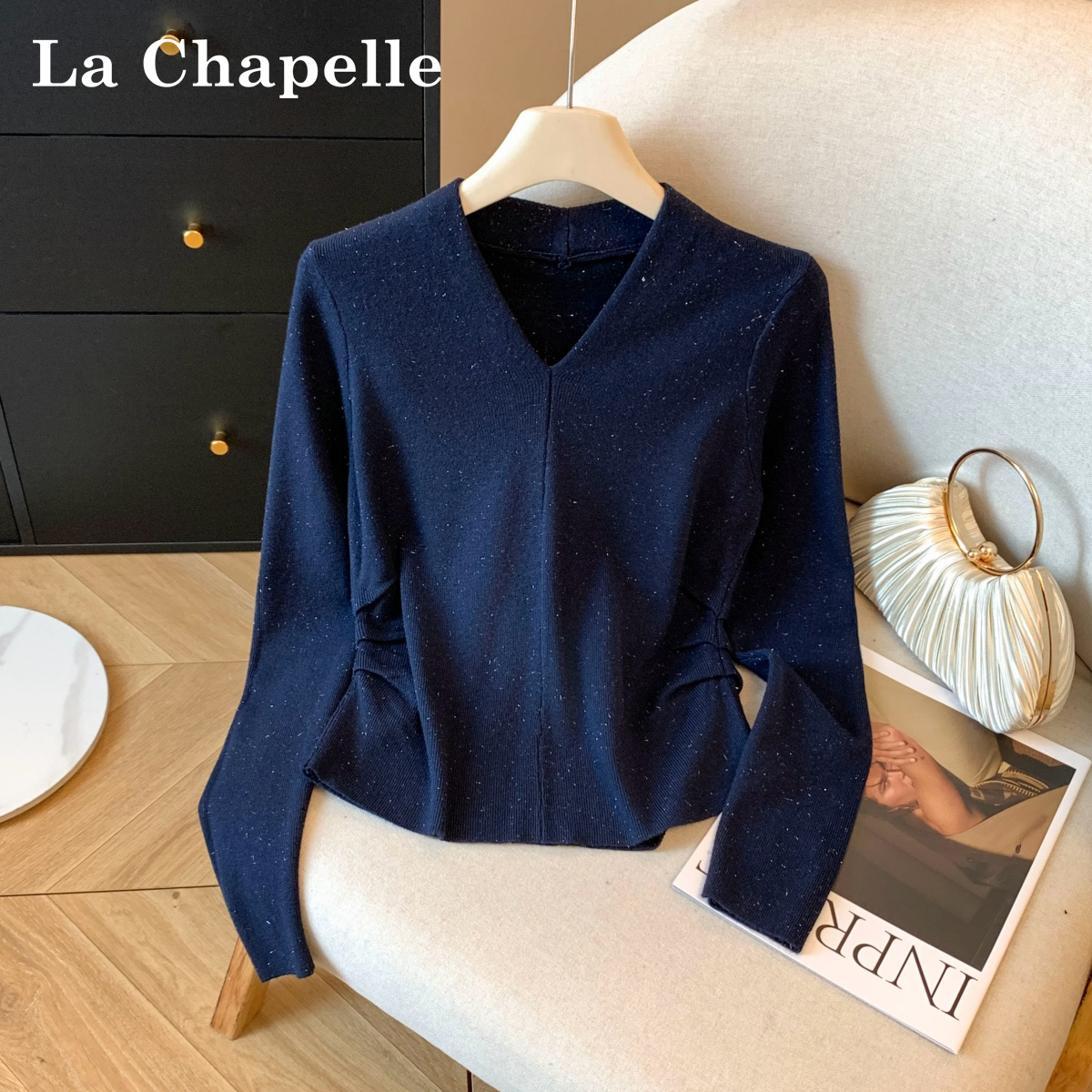 拉夏贝尔秋冬V领打底衫2025新款设计感褶皱收腰针织衫内搭上衣女