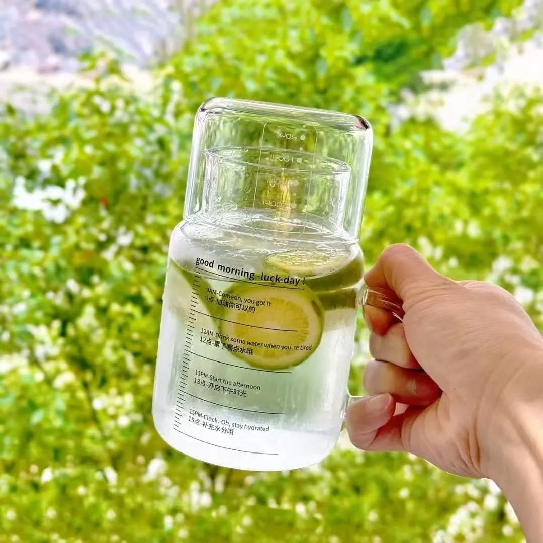 【高硼硅】家用透明大容量马克杯网红水杯耐高温带盖泡菜玻璃水杯