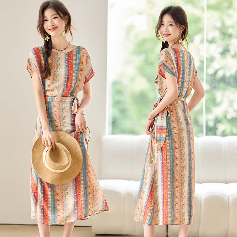 法式气质碎花连衣裙女2025夏季新款设计感系带收腰显瘦中长款裙子