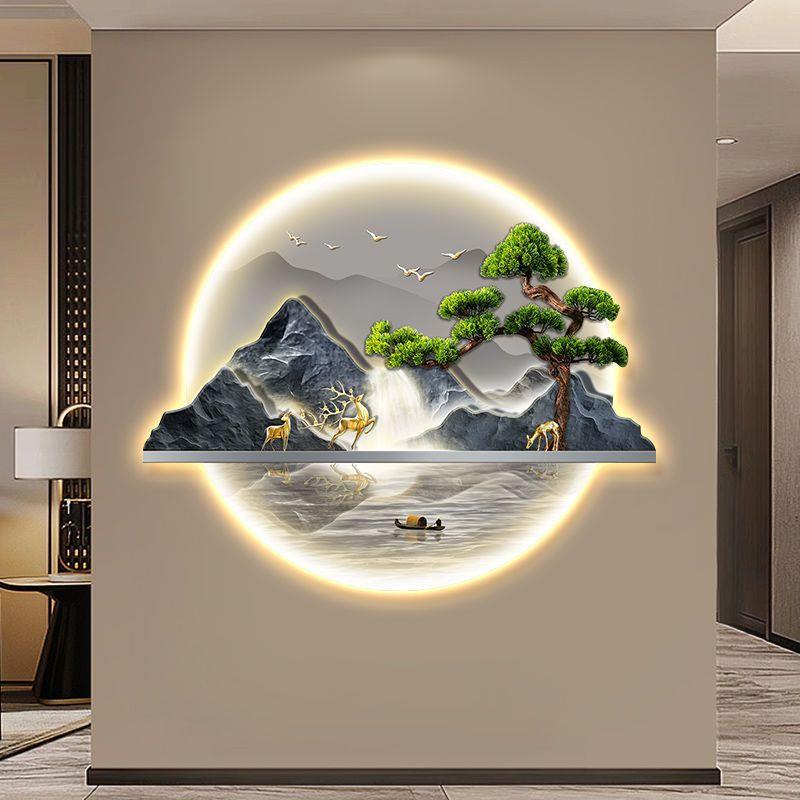 中式入户玄关装饰画轻奢流水生财茶室带灯走廊过道挂画迎客松壁画