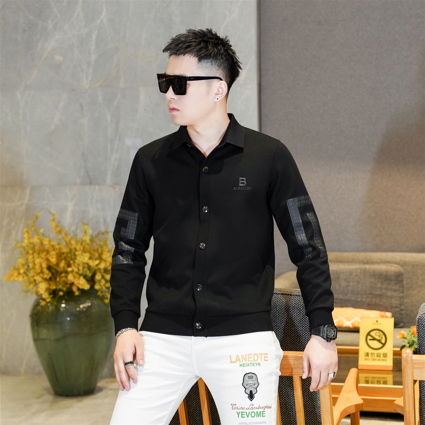 2025秋冬新款休闲翻领卫衣男长袖开衫黑色修身时尚潮流上衣L9502