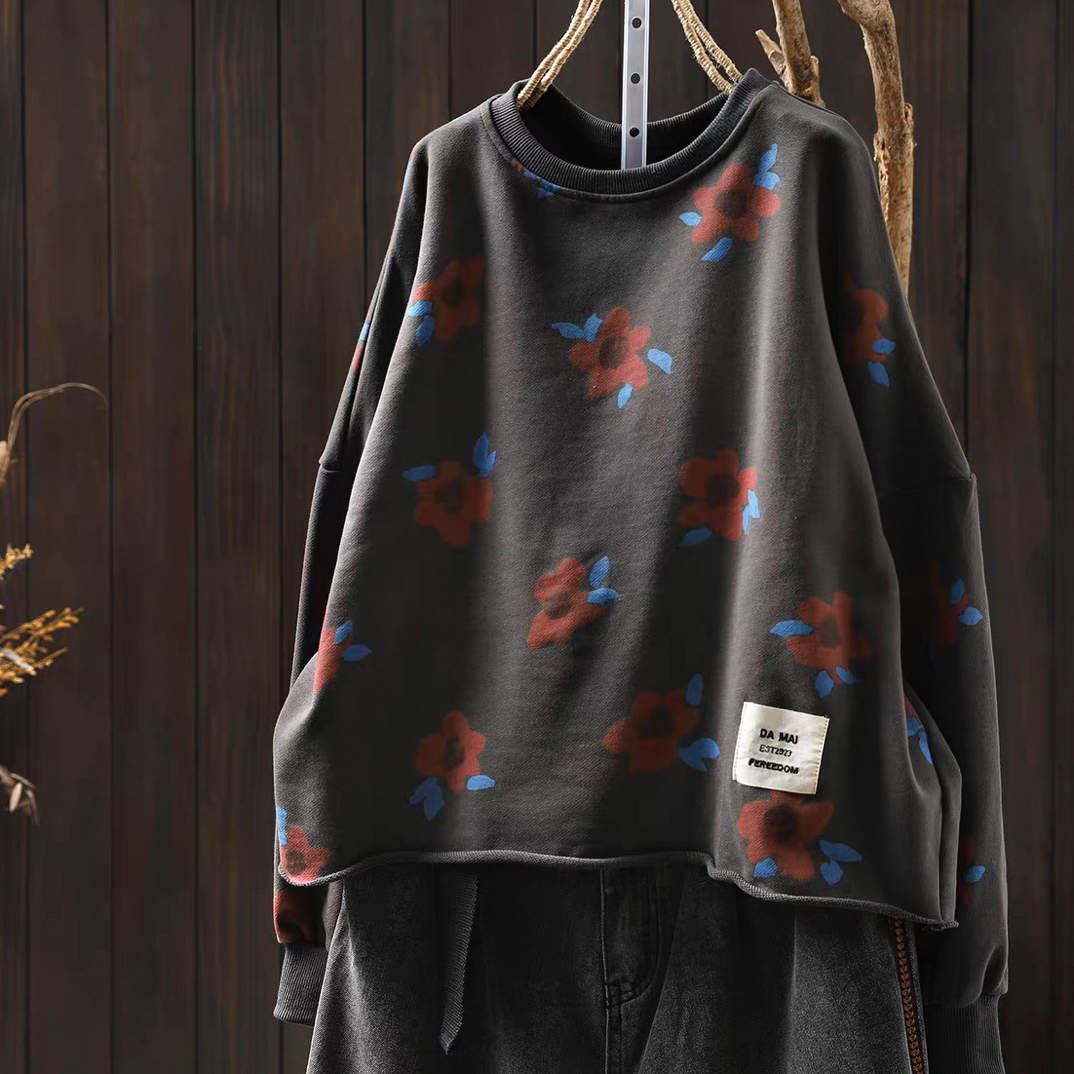 卫衣女2025新款爆款小个子花朵印花宽松休闲减龄圆领短款卷边上衣