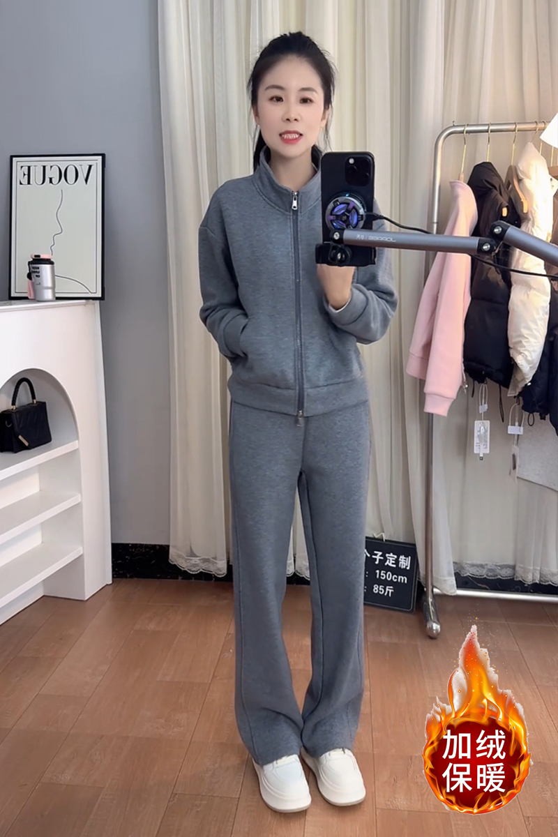 25072小个子定制新款秋冬加绒加厚休闲运动套装女时尚洋气两件套