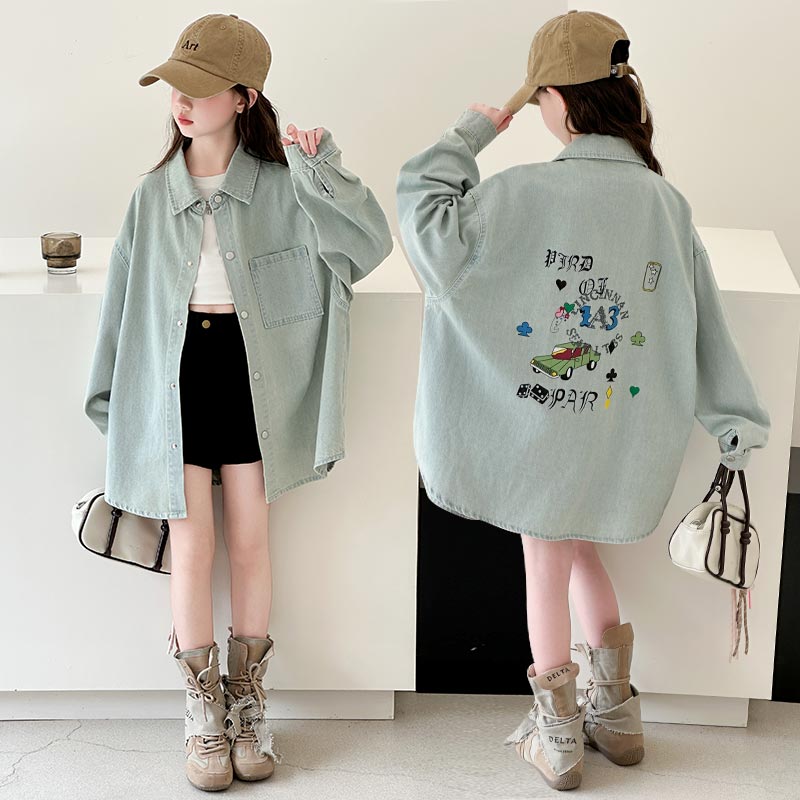 童装女童牛仔衬衫2025秋装新款儿童做旧外套女孩洋气牛仔衣服春秋