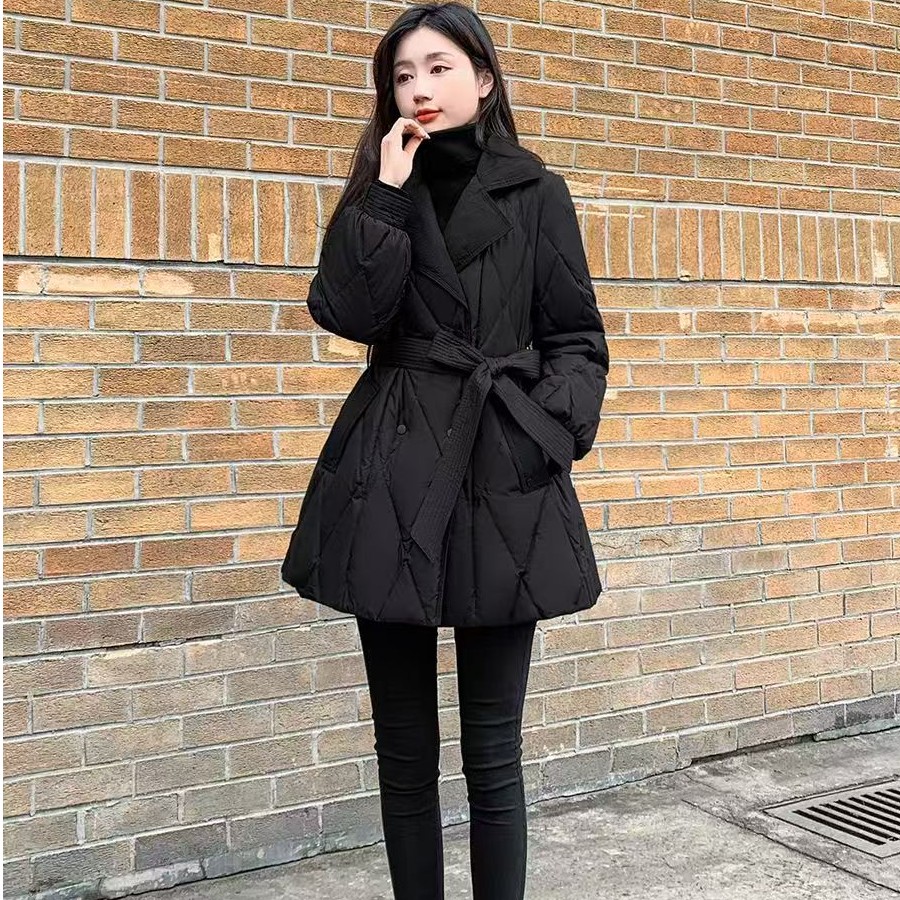 2026新款冬季收腰显瘦中长款保暖棉服黑色小个子西装外套棉衣ins
