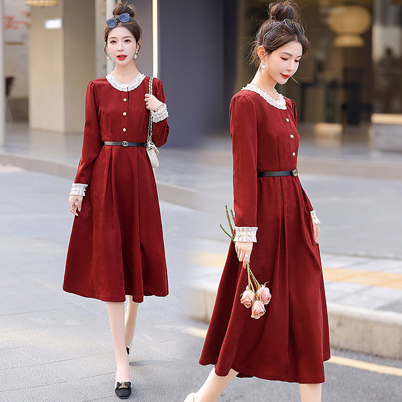 小香风连衣裙2025春秋新款高端精致法式气质假两件红色新年战袍裙