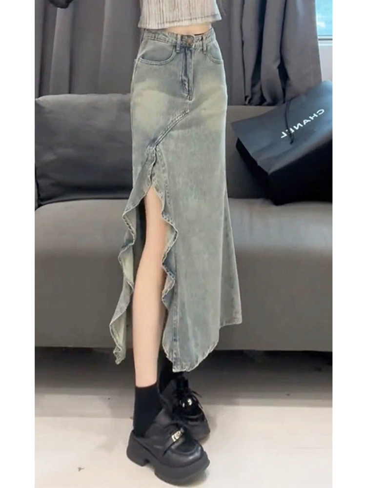美式不规则牛仔鱼尾半身裙女夏季复古高腰包臀裙a字荷叶边半长裙