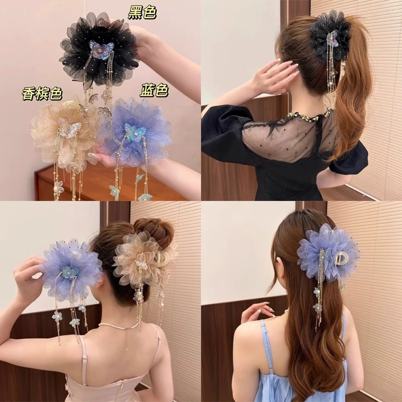 【流苏吻花】春夏新款流苏蝴蝶网纱花朵抓夹气质百搭显发量鲨鱼夹