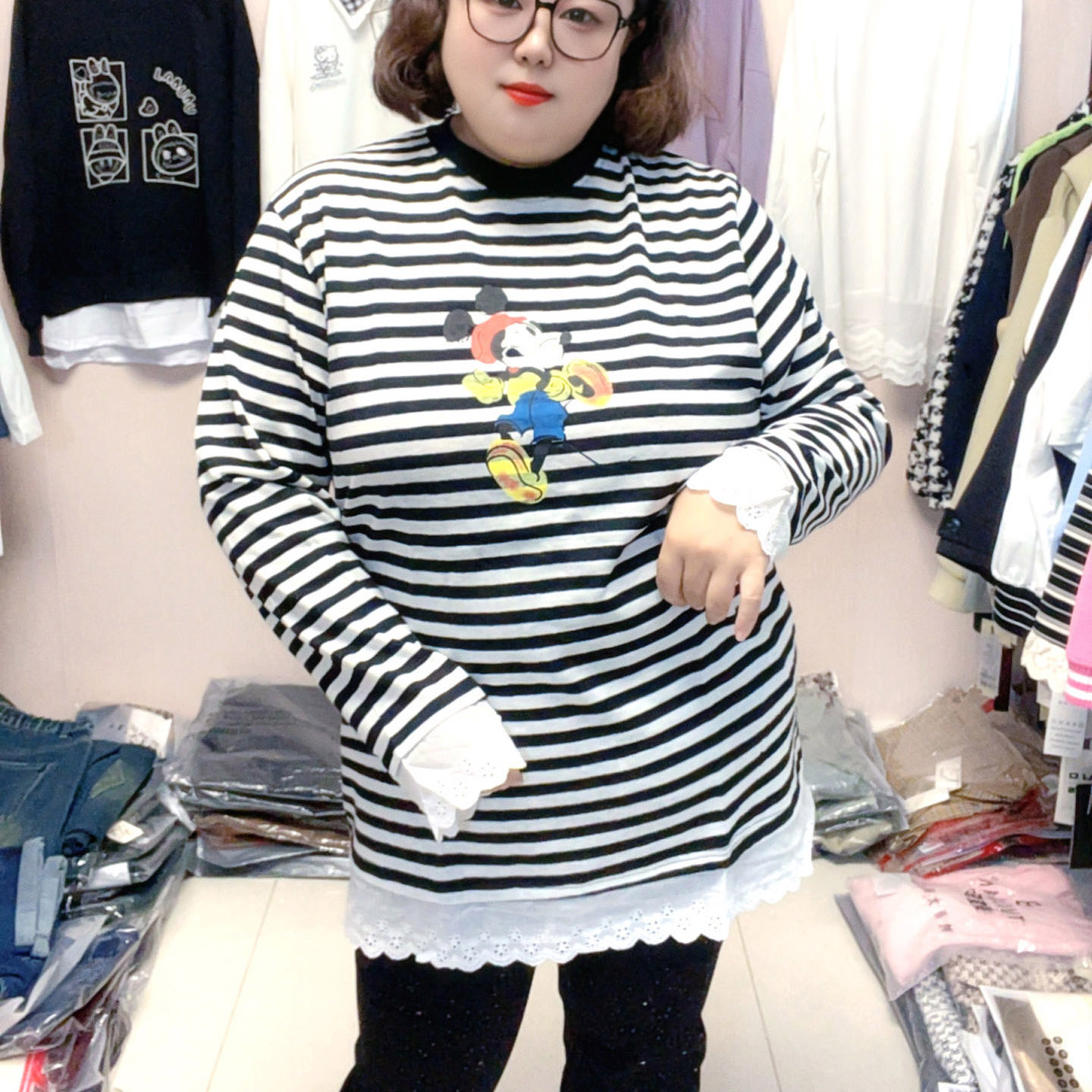 2025年秋季新款大码女装韩版宽松卡通黑白条纹中长款T恤胖mm200斤