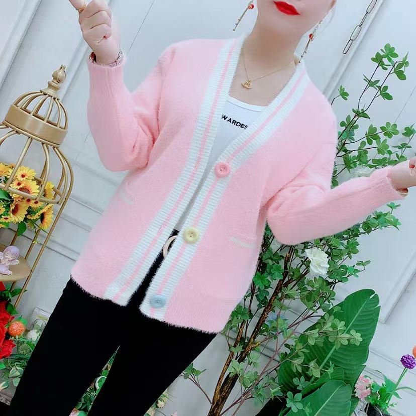 甜美学院风糖果色仿水貂绒毛衣女秋冬装2025新款时尚V领针织开衫