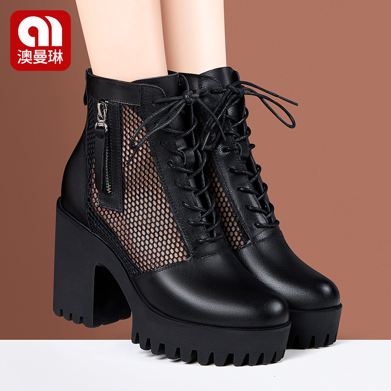 真皮网靴凉靴镂空网纱2025年夏季透气百搭高粗跟厚底马丁短靴女鞋