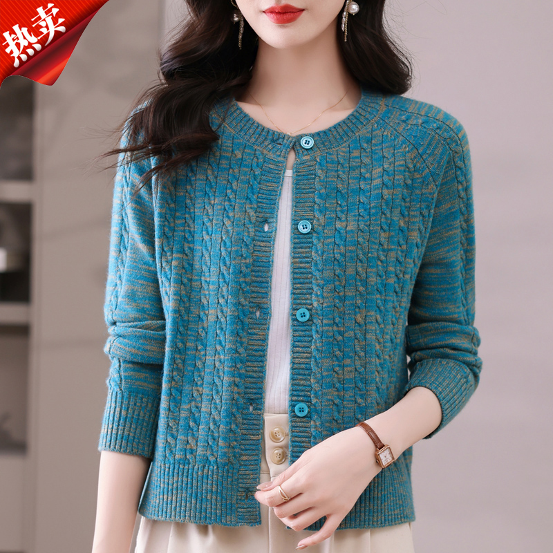 春秋短款圆领麻花羊毛针织开衫女2025年新品时尚外搭花纱毛衣外套