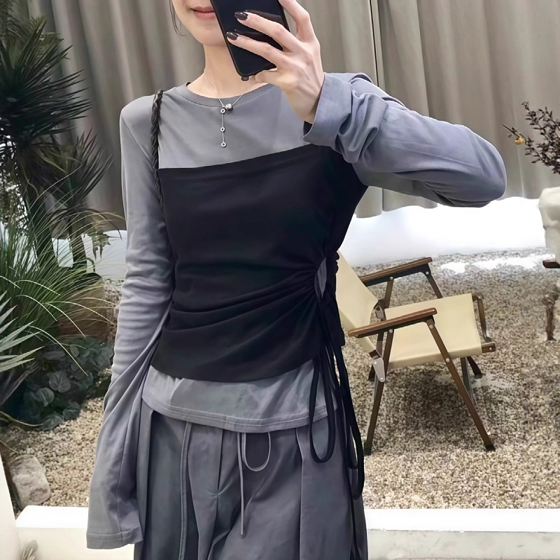 韩系假两件撞色长袖T恤女秋季新款胖MM大码女装宽松修身显瘦上衣