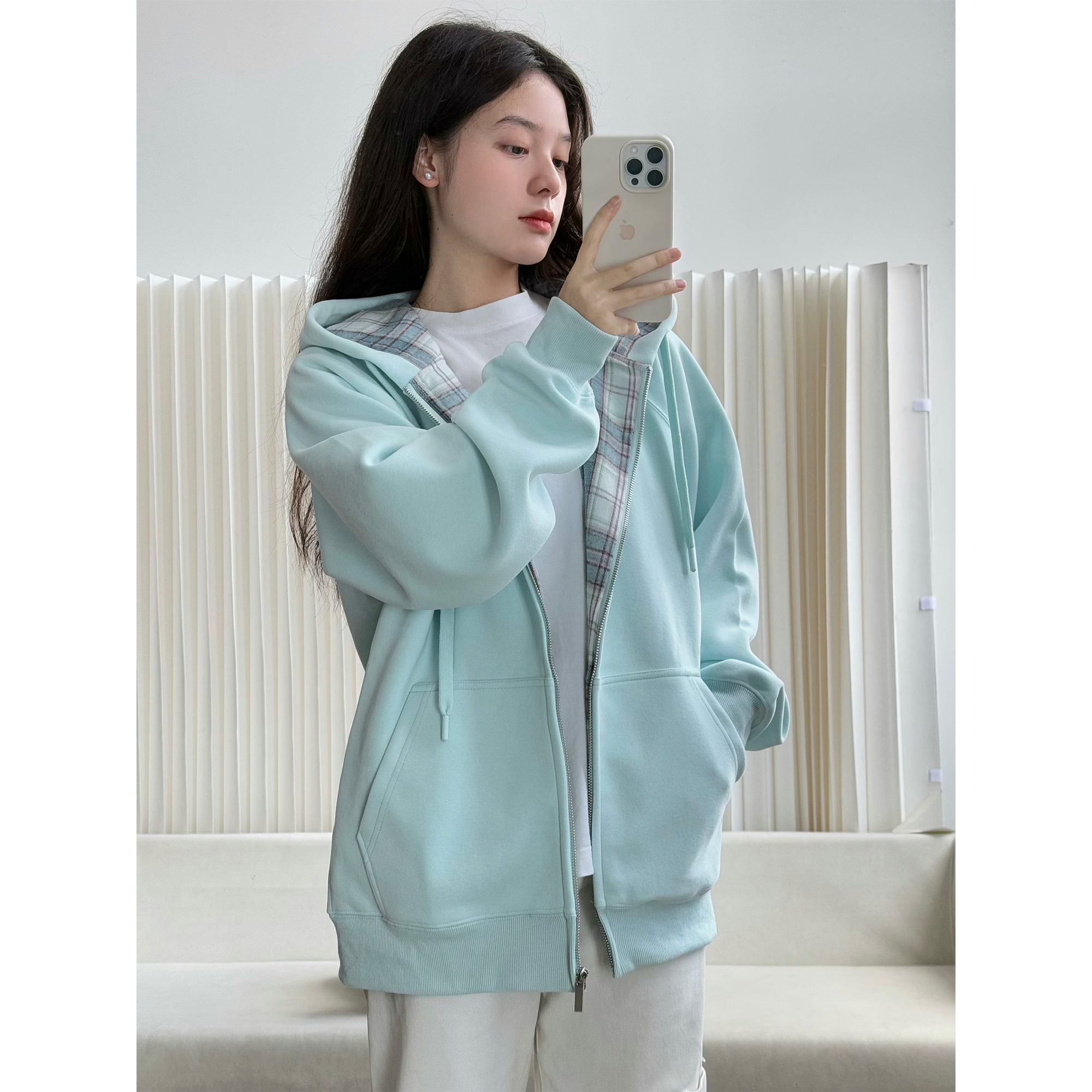 奶蓝色格子拼接开衫连帽卫衣2025秋季情侣装420g高克重休闲外套
