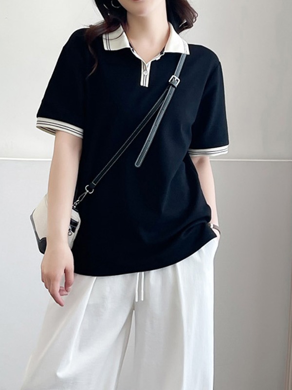 胖MM翻领百搭条纹短袖大码别致正肩T恤宽松休闲上衣韩系chic女