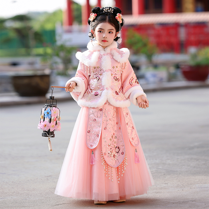 汉服女童秋冬加绒中国风千金拜年服加厚超仙古装冬季唐装儿童裙子