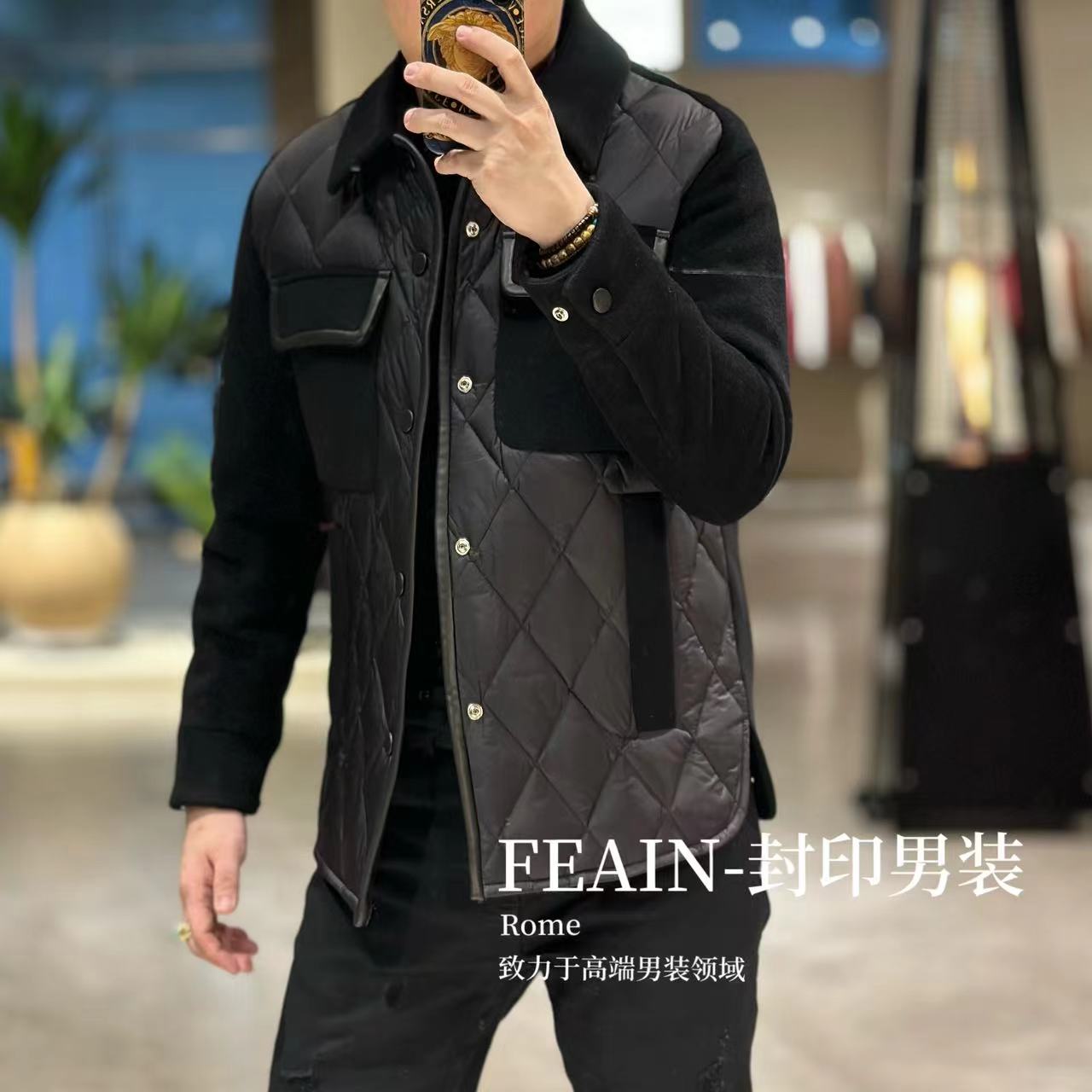 【鹅绒羊毛】高端定制全羊毛真皮拼接侧开衩羽绒服3513