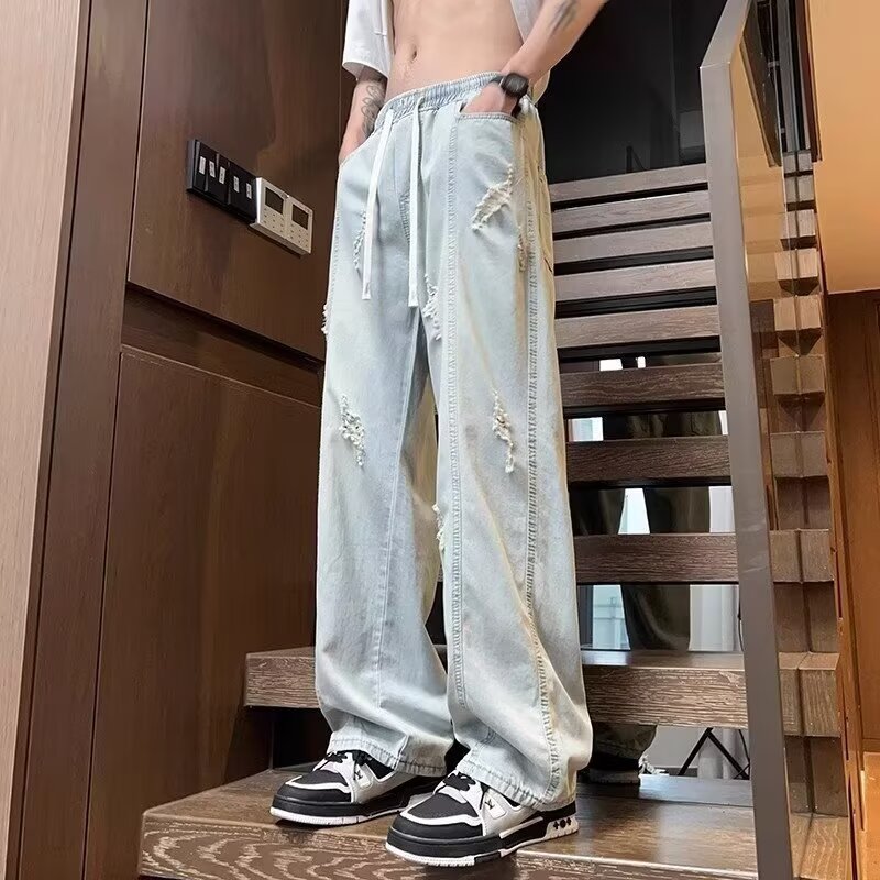 潮流牛仔裤男夏季百搭直筒复古美式高街新款破洞宽松宽松阔腿裤男