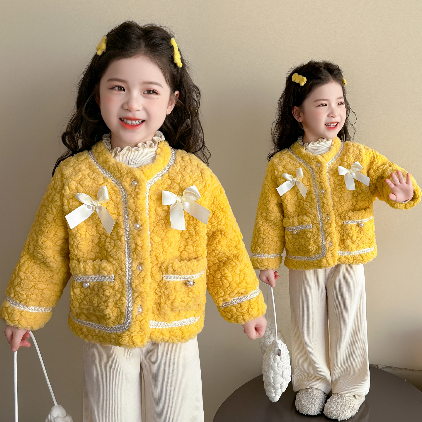 女童小香风外套加厚洋气毛毛衣儿童秋冬装女宝宝保暖羊羔绒上衣潮