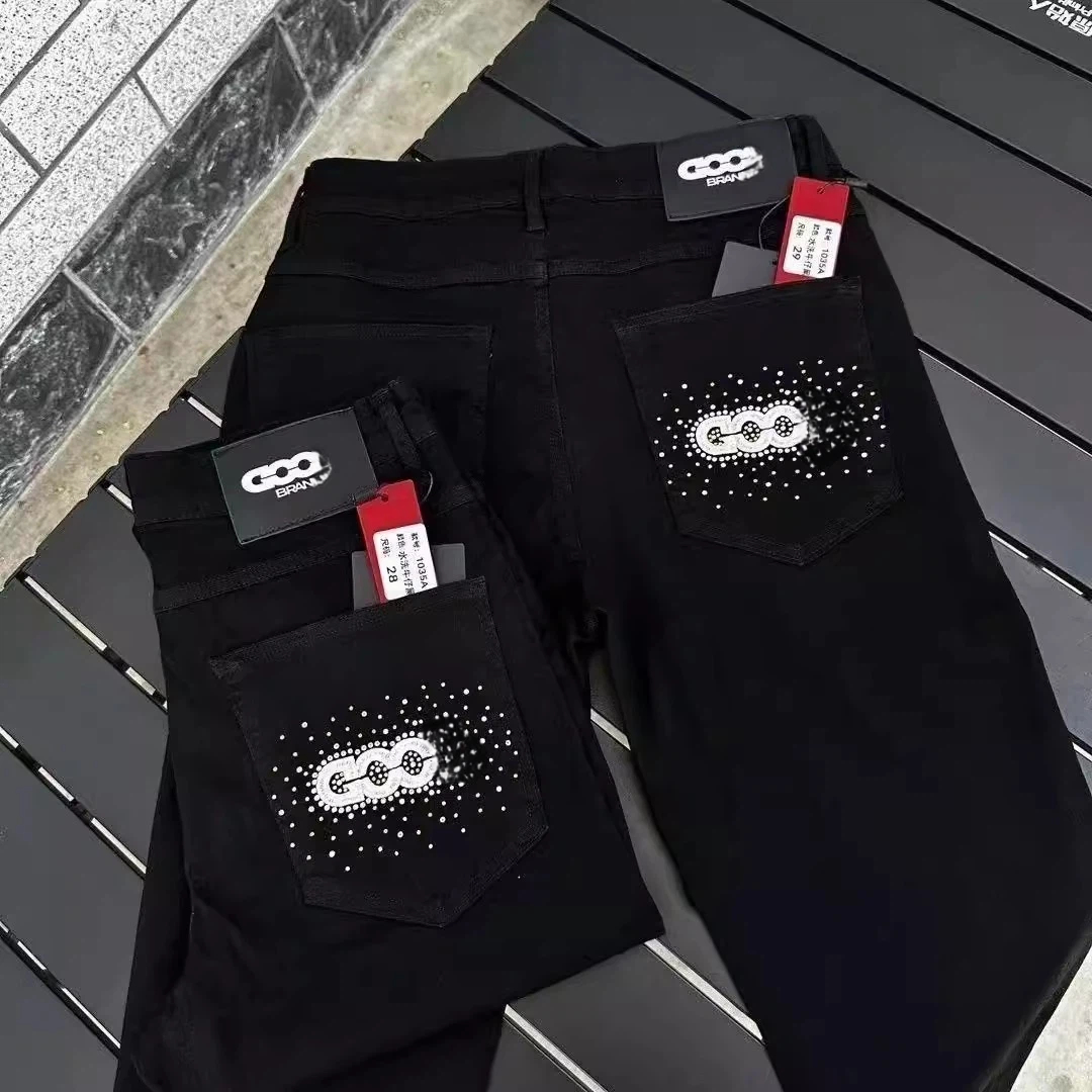 美式春秋GOOD刺绣字母烫钻潮牌牛仔裤男士潮流痞帅修身弹力长裤男