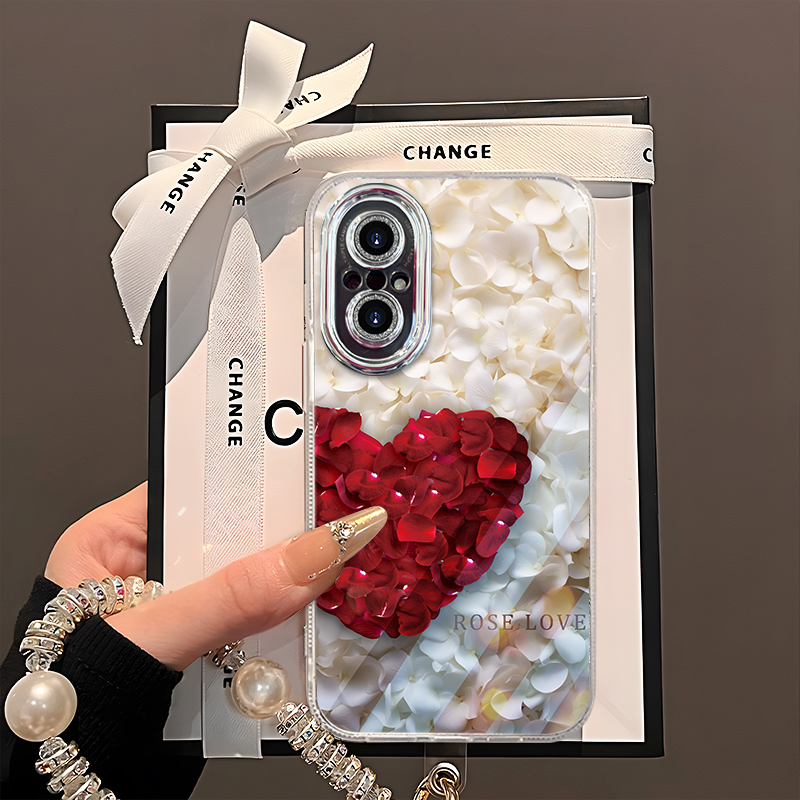 适用于【华为】荣耀50SE红色爱心玫瑰花瓣时尚精孔羽纱手机壳