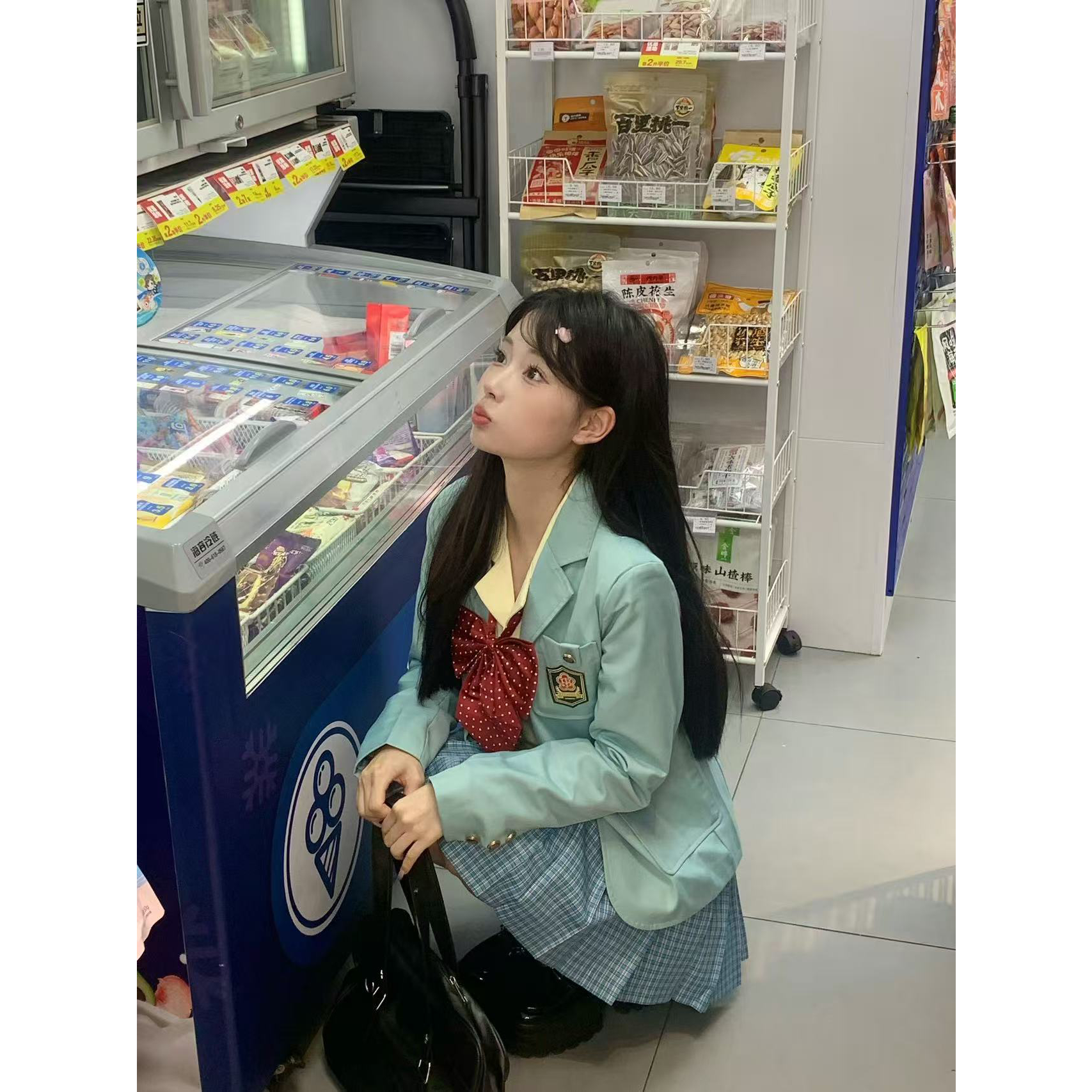 实拍 日系JK制服薄荷绿西服格裙套装旅游穿搭女长袖春款格裙