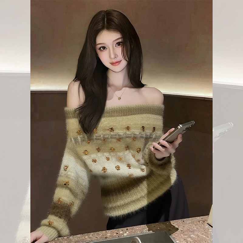 2025爆款洋气炸街女款网红毛衣外穿新款一字肩针织衫上衣韩系秋冬