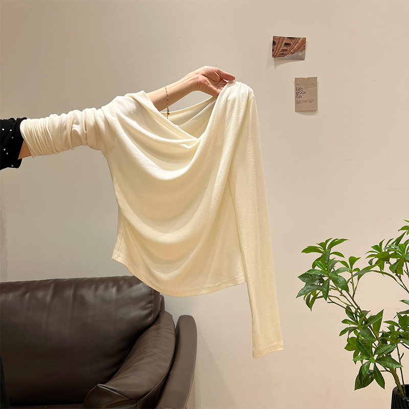 韩系甜妹斜肩领温柔长袖浅粉色打底T恤女春秋季褶皱显瘦上衣